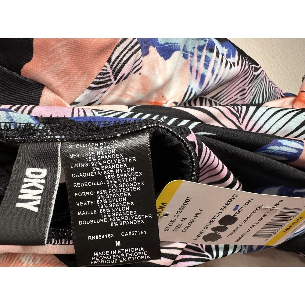 NEW DKNY Swimsuit One Piece Womens Medium Black Floral Halter Tummy Control UPF - Picture 5 of 6